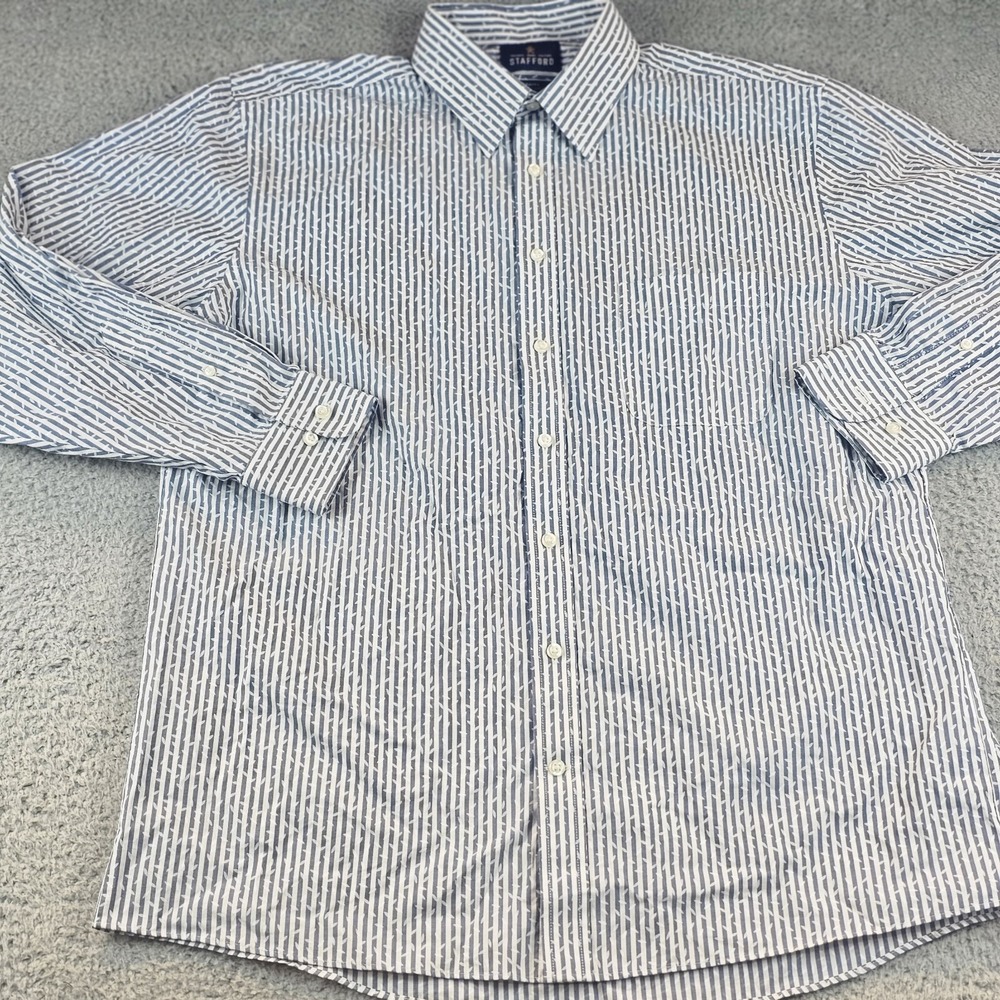 Stafford Mens 16.5 32-33 Traveler Performance Super Shirt Blue Striped All Over